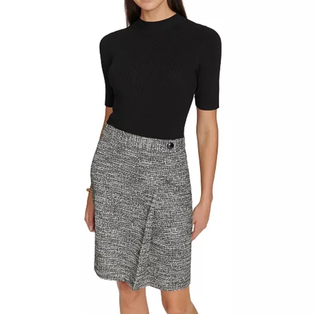 Calvin Klein Womens Mixed Media Sheath Dress Black Gray Tweed Short Sleeve Sz XS